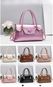 Detailed view of glossy shoulder bag dimensions and color options in multi-color grid