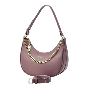 Purple crescent shoulder bag in lychee leather texture with decorative gold chain strap
