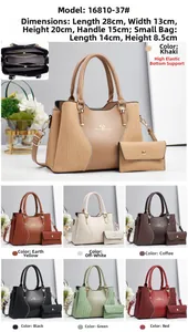 Detail showing color-block handbag with pleated texture and matching zipper wallet set