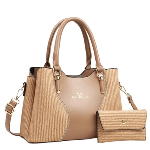 Khaki two-piece tote bag set with matching wallet and adjustable crossbody strap