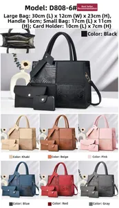 Three-piece handbag set featuring crocodile pattern stitching and dimensions for all bags