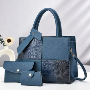 Three-piece dark blue tote set with textured crocodile print and smooth PU leather details