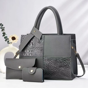 Three-piece grey handbag set featuring faux crocodile and litchi texture patchwork