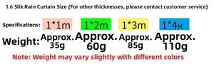 Size chart for metallic tinsel fringe curtain showing dimensions from 1x1m to 1x4m