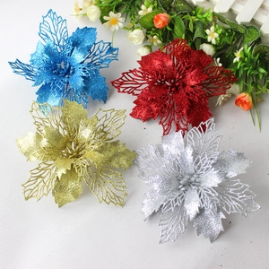 Glitter Christmas Artificial Poinsettia Flowers Hollow Out Plastic Festive Flowers For Christmas Tree Party Wedding Home Decor Ornaments