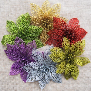 Set of six colorful 14cm hollow Christmas flowers with glitter for tree decoration