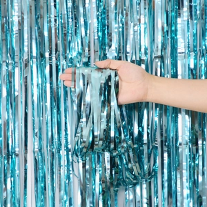 Shiny blue fringe curtain backdrop with metallic texture for birthday party decoration