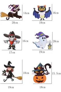 Size chart for Halloween paper ghost and witch hanging decorations showing dimensions