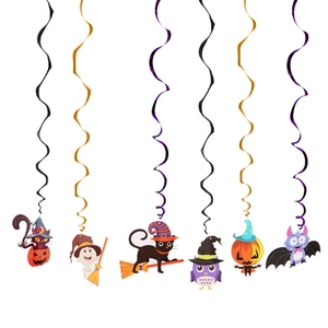 Detail of Halloween spiral swirl hanging ornaments featuring cartoon ghosts and bats