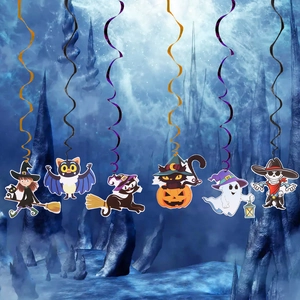 Halloween hanging decorations with colorful swirls and cartoon ghosts for party decoration