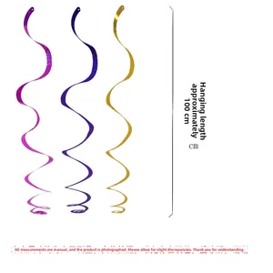 Close-up of 100cm spiral hanging party streamers in glitter gold, purple, and blue colors