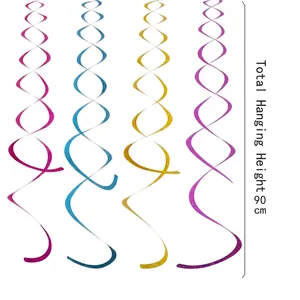 Set of 4 colorful PET metallic spiral hanging ornaments for party decor, 90cm height
