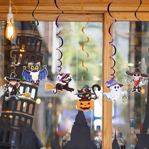 Close-up of 6 unique Halloween cartoon pendants including witch, ghost, and bat spirals