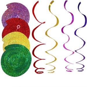 Colorful holographic spiral party streamers in mixed metallic tones for festive ceiling decor