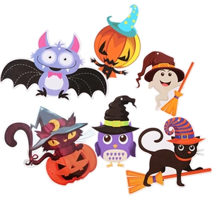 Set of 6 cartoon Halloween hanging decorations with ghost, pumpkin, and bat designs