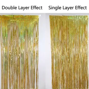 Laser gold tinsel curtain for party decor, showing single and double layer density effect