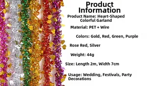 Detailed specifications of heart tinsel garland in six metallic colors for wedding decor