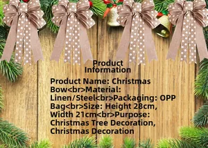 Detailed view of large faux linen Christmas bows with white polka dots and iron wire
