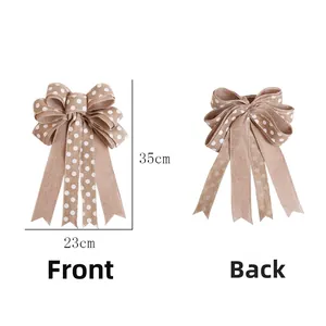 Front and back detail of 23x35cm burlap Christmas bow with white polka dots