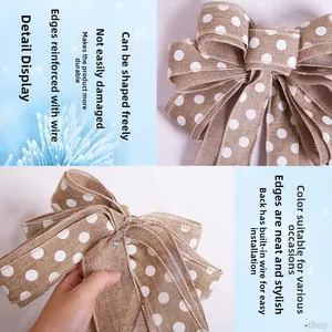 Detailed view of burlap polka dot Christmas bow with wire edges and back tie fastener