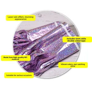 Detail of purple holographic tinsel curtain featuring 6mm adhesive tape for easy setup