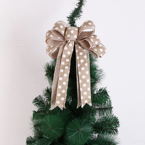 Large Christmas Tree Topper Bow Faux Linen Burlap Polka Dot Wired Edge Hanging Ornament Rustic Holiday Decoration