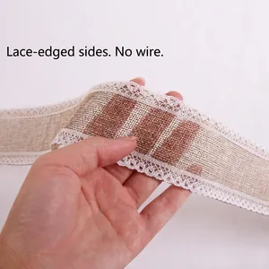 Soft burlap ribbon with white lace edges, no-wire design for Christmas crafts and decor