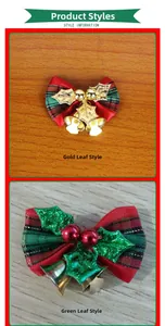 Detail view of plaid Christmas bows with golden holly leaves and festive bells decoration