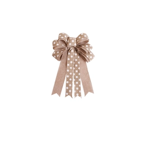 Faux burlap Christmas tree bow topper with white polka dots and long hanging tails