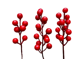 Detailed view of three artificial red foam berry stems for Christmas tree decorations