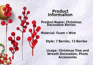 Detail shot of artificial red foam berries on wire stems for Christmas tree DIY decor