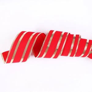 2m red velvet Christmas ribbon with gold stripes for holiday wreaths and gift wrapping