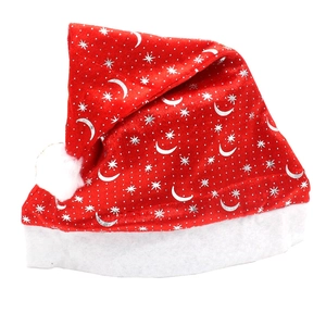 Bonnet de Noël rouge en peluche avec motifs étoiles et lunes argentées et bord blanc