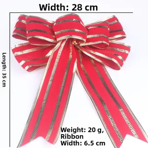Dettaglio del fiocco natalizio a righe rosso e oro, dimensioni 28cm larghezza e 35cm