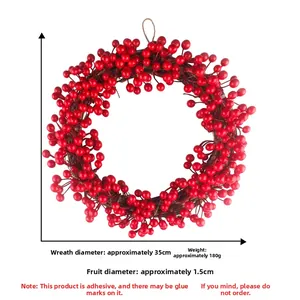 Detail view of 35cm Christmas red berry wreath showing weight and berry size dimensions