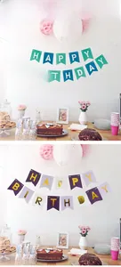 Λεπτομέρεια από γιρλάντες Happy Birthday σε μπλε-πράσινο και μωβ με χρυσή εκτύπωση