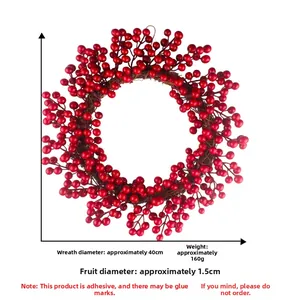 Detailed size view of a 40cm red berry Christmas wreath showing 1.5cm berries and 160g weight