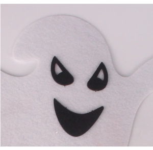 Close-up of white felt ghost hanging ornament for Halloween party decorations