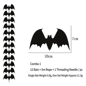 Detail von 12 schwarzen Halloween-Fledermaus-Deko-Sets mit 5m Seil zum Aufhängen
