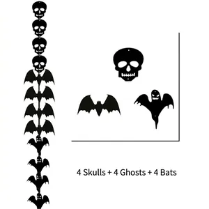 Detailansicht der Halloween-Filzgirlande mit Totenkopf Fledermaus Geist Motiven und Schnur