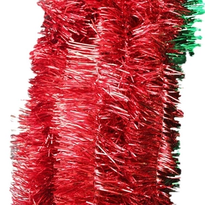 2M red and green metallic Christmas tinsel garland with thick fluffy fringe texture