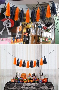 Detailed Halloween party decor kit featuring orange tassels and pumpkin bucket table set