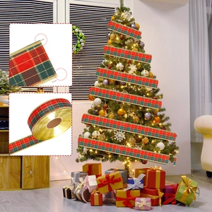 10M Noël Ruban Écossais Avec Bordure Dorée Rouge Vert Tartan Tissu Ruban Pour Décoration De Sapin De Noël Emballage Cadeau Décoratif