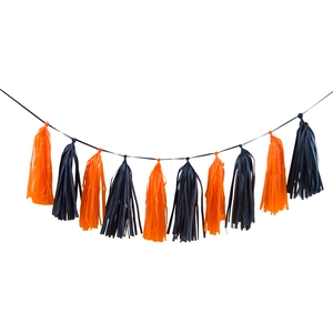 DIY Halloween tassel garland with orange and black fringe for festive party backdrop decor