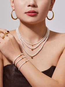 Detail of layered pearl necklace set with gold beads and matching jewelry on model
