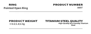 Specifications for stainless steel pointed open ring showing weights 0.6g to 2.0g