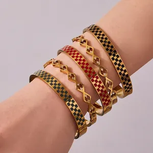 Stainless Steel Bangle Bracelet Chic Retro Checkerboard Enamel Hollow Geometric Zircon Inlaid Jewelry For Women