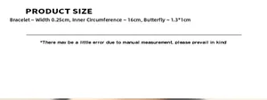 Size chart showing 16cm circumference for butterfly zircon open cuff bracelet