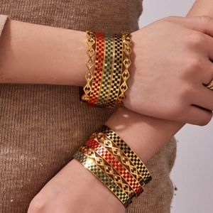 Chic stackable gold stainless steel bracelets with colorful enamel checkers and zircon inlay