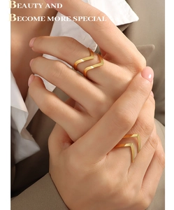 Detail of golden V-shaped open ring showing a minimalist geometric metal design on a hand